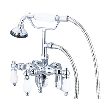 Water Creation Vintage Classic Center Wall Mount Tub F6-0018 9.25" Silver Solid Brass Faucet With Down Spout, Swivel Wall Connector And Handheld Shower And Porcelain Lever Handles Without Labels