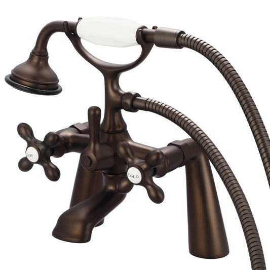 Water Creation Vintage Classic Spread Deck Mount Tub F6-0003 7.5" Brown Solid Brass Faucet With Handheld Shower And Metal Lever Handles, Hot And Cold Labels Included