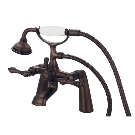 Water Creation Vintage Classic Spread Deck Mount Tub F6-0003 7.5" Brown Solid Brass Faucet With Handheld Shower And Metal Lever Handles Without Labels