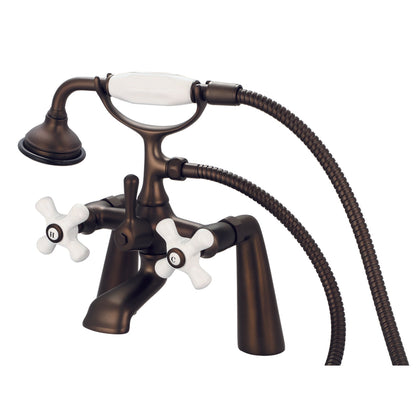 Water Creation Vintage Classic Spread Deck Mount Tub F6-0003 7.5" Brown Solid Brass Faucet With Handheld Shower And Porcelain Cross Handles, Hot And Cold Labels Included