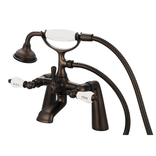 Water Creation Vintage Classic Spread Deck Mount Tub F6-0003 7.5" Brown Solid Brass Faucet With Handheld Shower And Porcelain Lever Handles, Hot And Cold Labels Included