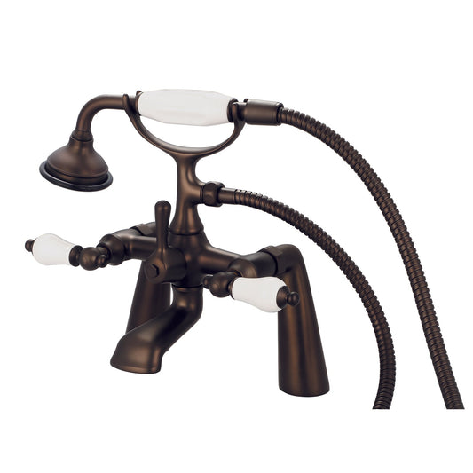 Water Creation Vintage Classic Spread Deck Mount Tub F6-0003 7.5" Brown Solid Brass Faucet With Handheld Shower And Porcelain Lever Handles Without Labels