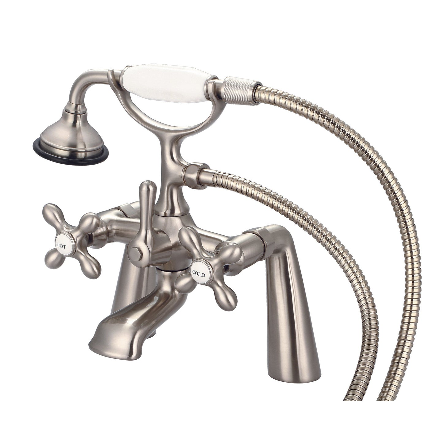Water Creation Vintage Classic Spread Deck Mount Tub F6-0003 7.5" Grey Solid Brass Faucet With Handheld Shower And Metal Lever Handles, Hot And Cold Labels Included