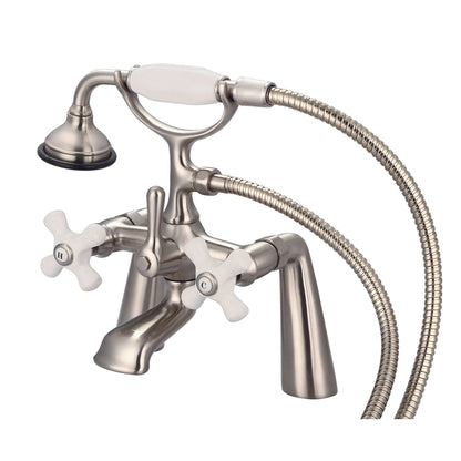 Water Creation Vintage Classic Spread Deck Mount Tub F6-0003 7.5" Grey Solid Brass Faucet With Handheld Shower And Porcelain Cross Handles, Hot And Cold Labels Included