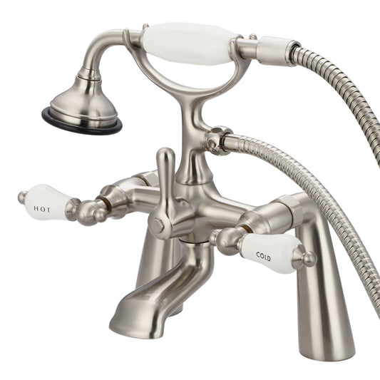 Water Creation Vintage Classic Spread Deck Mount Tub F6-0003 7.5" Grey Solid Brass Faucet With Handheld Shower And Porcelain Lever Handles, Hot And Cold Labels Included