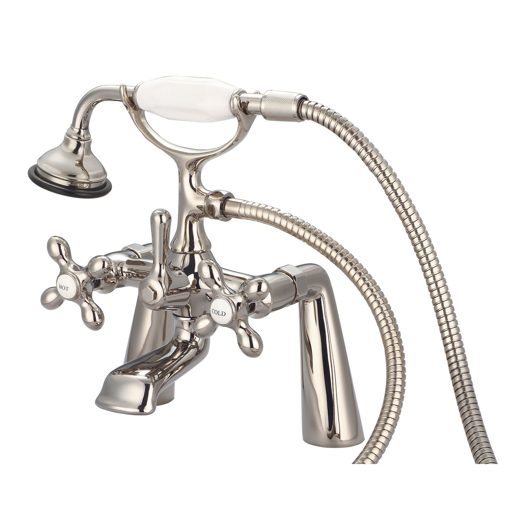 Water Creation Vintage Classic Spread Deck Mount Tub F6-0003 7.5" Ivory Solid Brass Faucet With Handheld Shower And Metal Lever Handles, Hot And Cold Labels Included
