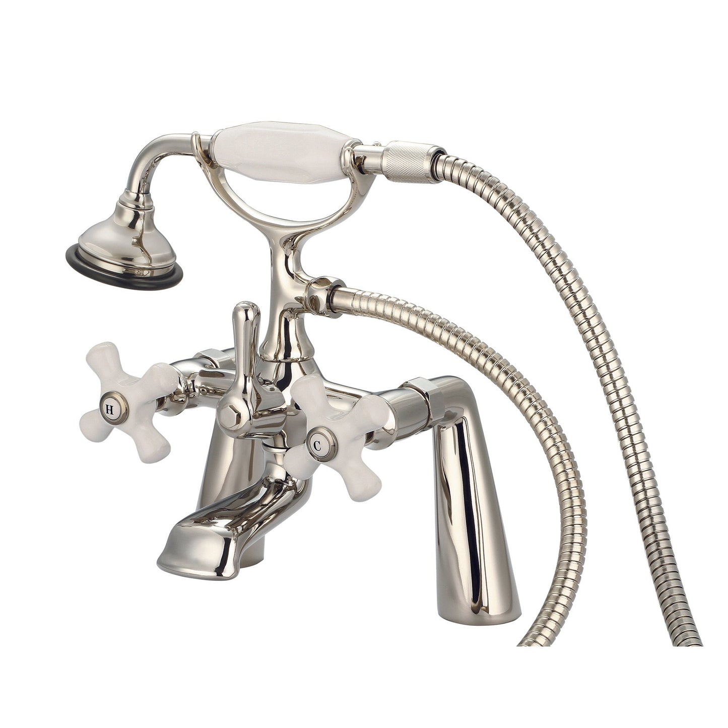 Water Creation Vintage Classic Spread Deck Mount Tub F6-0003 7.5" Ivory Solid Brass Faucet With Handheld Shower And Porcelain Cross Handles, Hot And Cold Labels Included