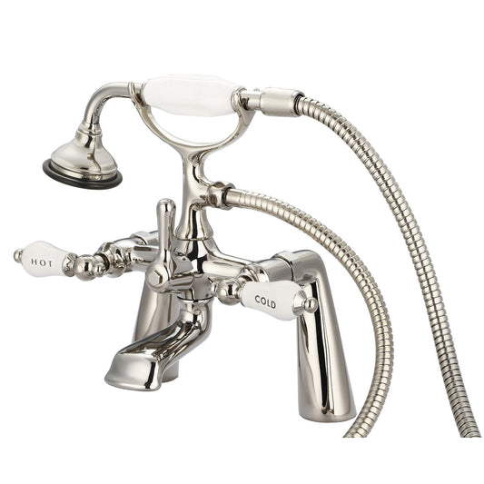 Water Creation Vintage Classic Spread Deck Mount Tub F6-0003 7.5" Ivory Solid Brass Faucet With Handheld Shower And Porcelain Lever Handles, Hot And Cold Labels Included