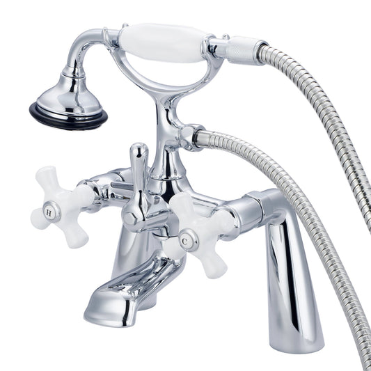 Water Creation Vintage Classic Spread Deck Mount Tub F6-0003 7.5" Silver Solid Brass Faucet With Handheld Shower And Porcelain Cross Handles, Hot And Cold Labels Included