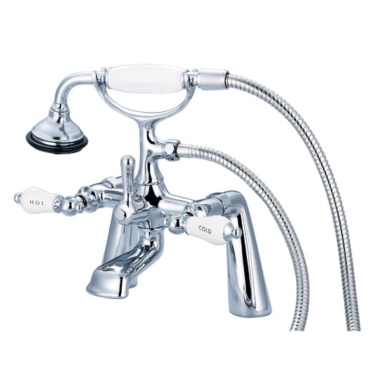 Water Creation Vintage Classic Spread Deck Mount Tub F6-0003 7.5" Silver Solid Brass Faucet With Handheld Shower And Porcelain Lever Handles, Hot And Cold Labels Included