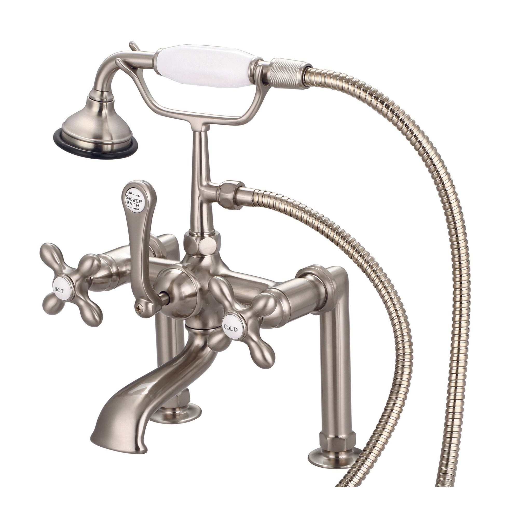 Water Creation Vintage Classic Spread Deck Mount Tub F6-0006 7" Grey Solid Brass Faucet With 6-Inch Risers And Handheld Shower And Metal Lever Handles, Hot And Cold Labels Included