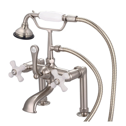 Water Creation Vintage Classic Spread Deck Mount Tub F6-0006 7" Grey Solid Brass Faucet With 6-Inch Risers And Handheld Shower And Porcelain Cross Handles, Hot And Cold Labels Included