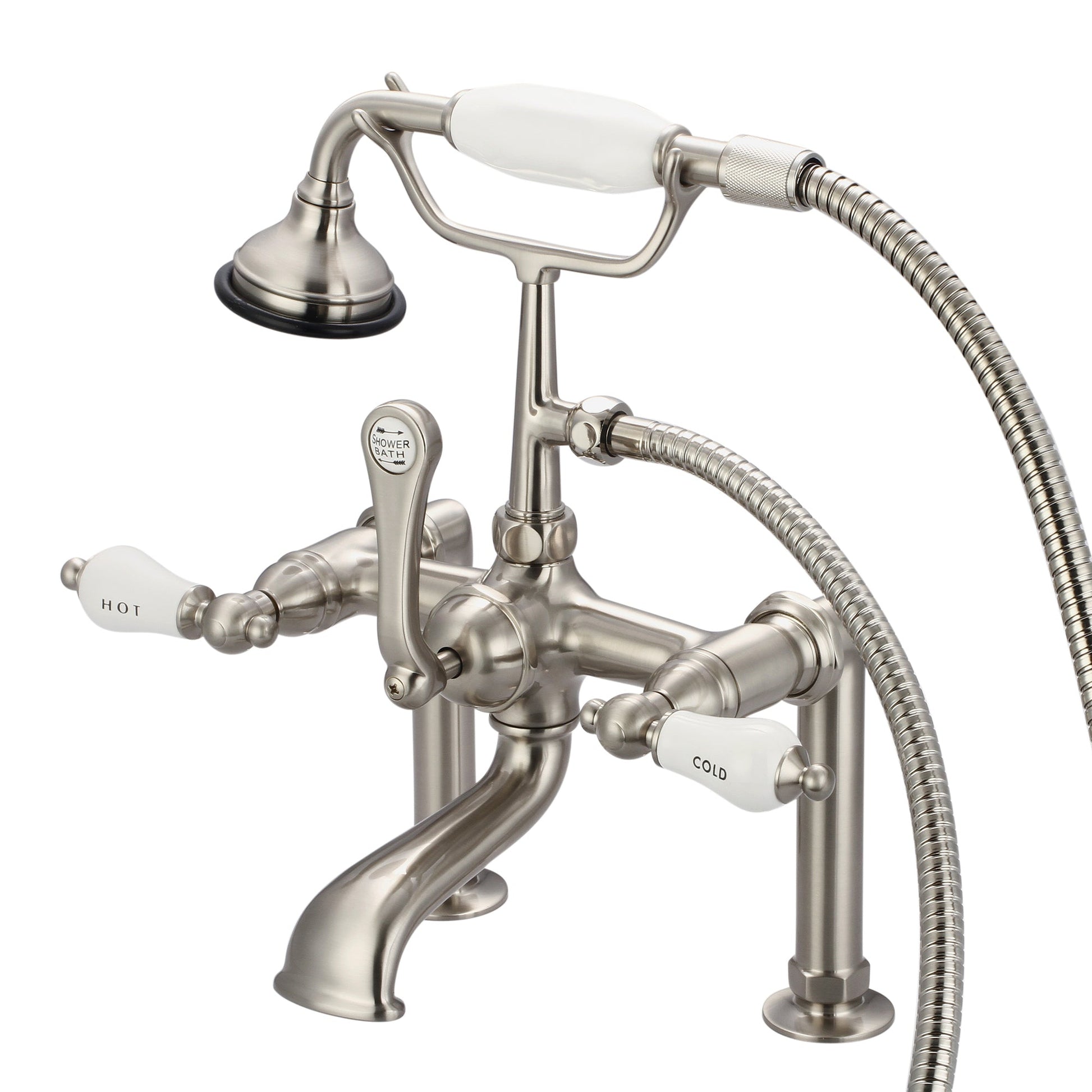 Water Creation Vintage Classic Spread Deck Mount Tub F6-0006 7" Grey Solid Brass Faucet With 6-Inch Risers And Handheld Shower And Porcelain Lever Handles, Hot And Cold Labels Included