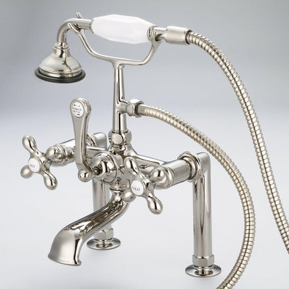 Water Creation Vintage Classic Spread Deck Mount Tub F6-0006 7" Ivory Solid Brass Faucet With 6-Inch Risers And Handheld Shower And Metal Lever Handles, Hot And Cold Labels Included