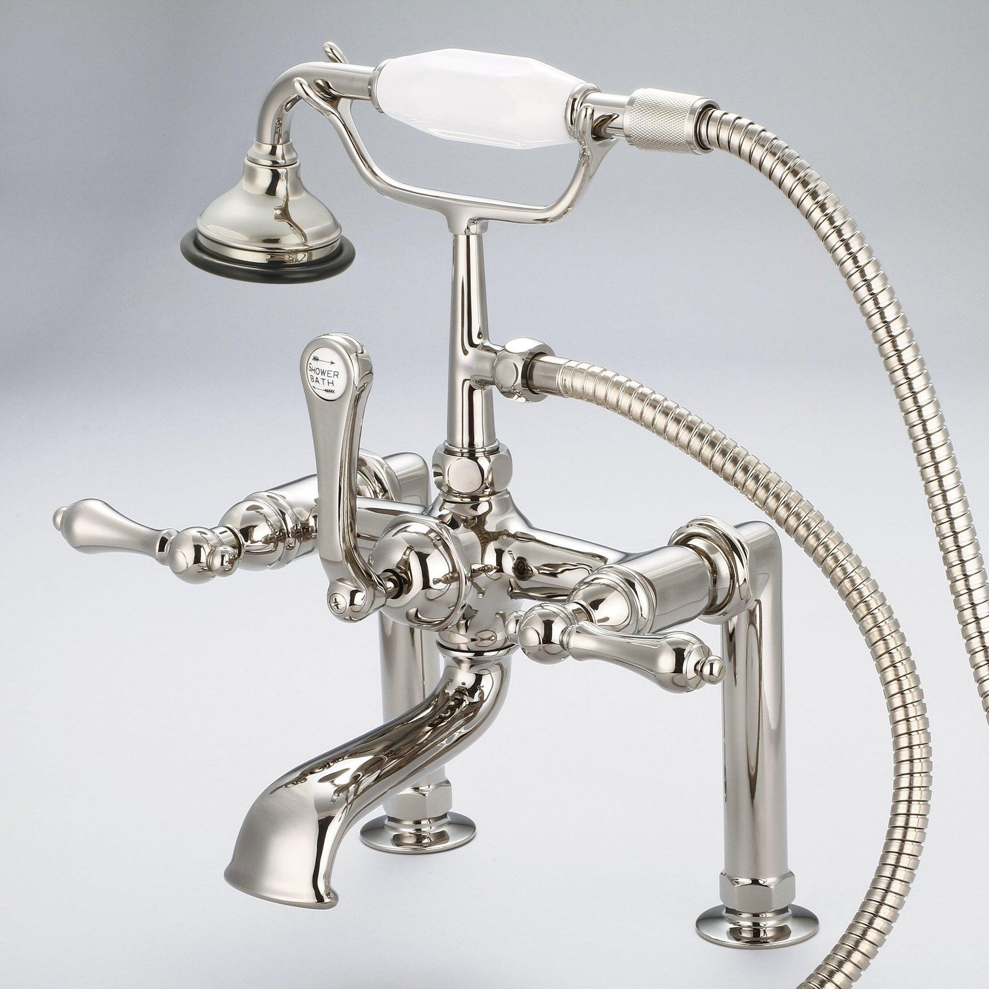 Water Creation Vintage Classic Spread Deck Mount Tub F6-0006 7" Ivory Solid Brass Faucet With 6-Inch Risers And Handheld Shower And Metal Lever Handles Without Labels