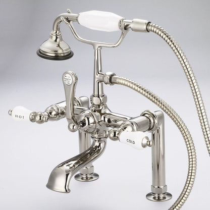 Water Creation Vintage Classic Spread Deck Mount Tub F6-0006 7" Ivory Solid Brass Faucet With 6-Inch Risers And Handheld Shower And Porcelain Lever Handles, Hot And Cold Labels Included