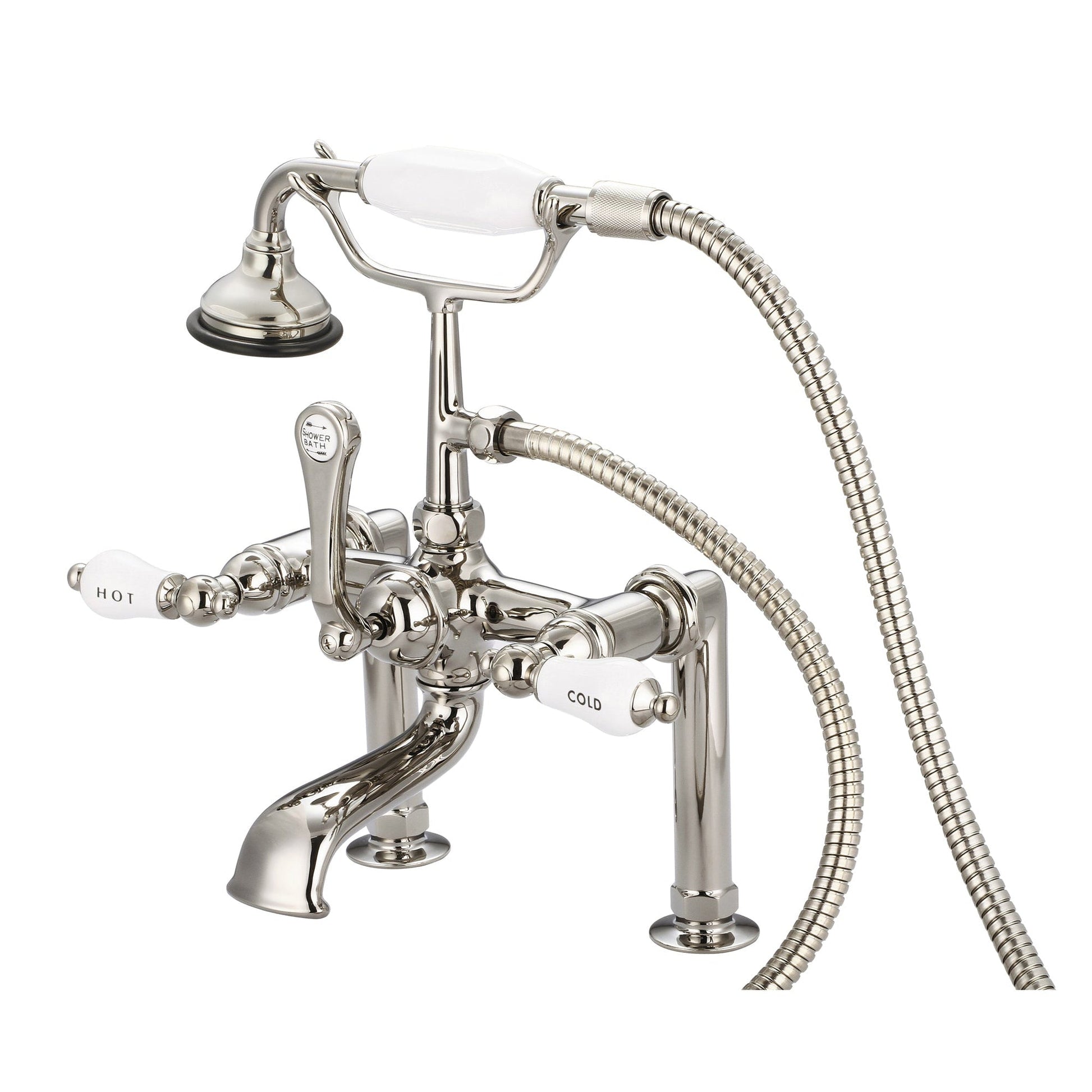 Water Creation Vintage Classic Spread Deck Mount Tub F6-0006 7" Ivory Solid Brass Faucet With 6-Inch Risers And Handheld Shower And Porcelain Lever Handles, Hot And Cold Labels Included