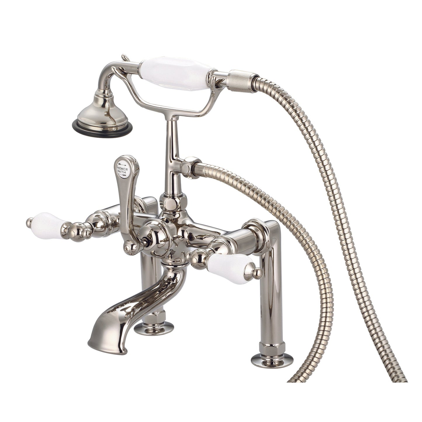 Water Creation Vintage Classic Spread Deck Mount Tub F6-0006 7" Ivory Solid Brass Faucet With 6-Inch Risers And Handheld Shower And Porcelain Lever Handles Without Labels