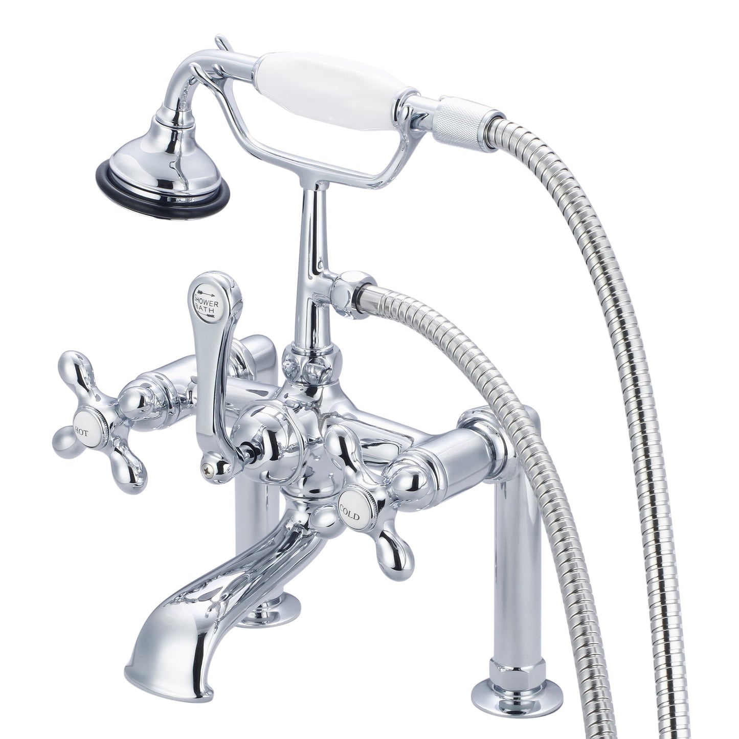 Water Creation Vintage Classic Spread Deck Mount Tub F6-0006 7" Silver Solid Brass Faucet With 6-Inch Risers And Handheld Shower And Metal Lever Handles, Hot And Cold Labels Included