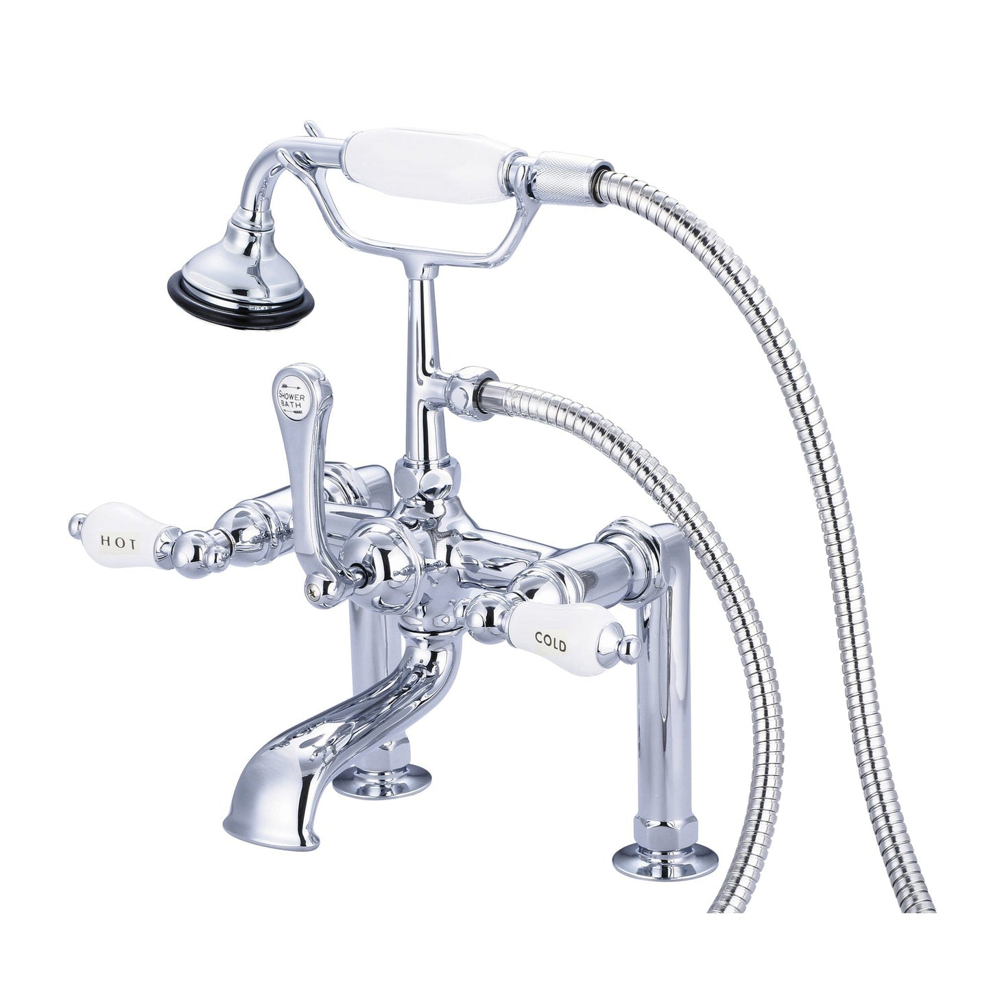 Water Creation Vintage Classic Spread Deck Mount Tub F6-0006 7" Silver Solid Brass Faucet With 6-Inch Risers And Handheld Shower And Porcelain Lever Handles, Hot And Cold Labels Included