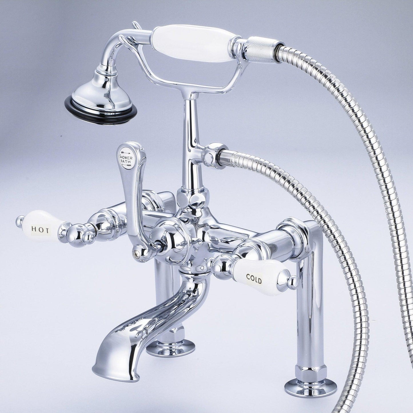 Water Creation Vintage Classic Spread Deck Mount Tub F6-0006 7" Silver Solid Brass Faucet With 6-Inch Risers And Handheld Shower And Porcelain Lever Handles, Hot And Cold Labels Included