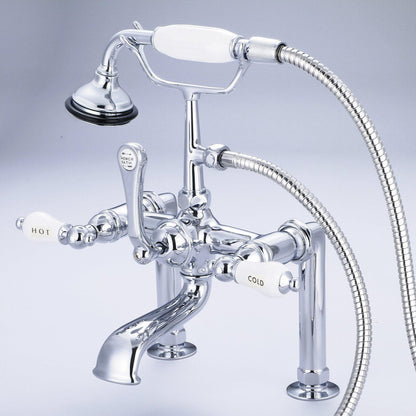 Water Creation Vintage Classic Spread Deck Mount Tub F6-0006 7" Silver Solid Brass Faucet With 6-Inch Risers And Handheld Shower And Porcelain Lever Handles, Hot And Cold Labels Included