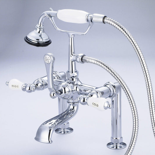 Water Creation Vintage Classic Spread Deck Mount Tub F6-0006 7" Silver Solid Brass Faucet With 6-Inch Risers And Handheld Shower And Porcelain Lever Handles, Hot And Cold Labels Included