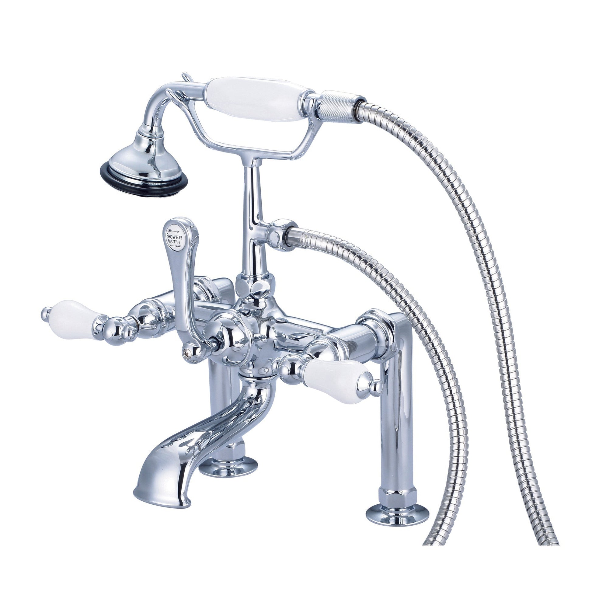 Water Creation Vintage Classic Spread Deck Mount Tub F6-0006 7" Silver Solid Brass Faucet With 6-Inch Risers And Handheld Shower And Porcelain Lever Handles Without Labels