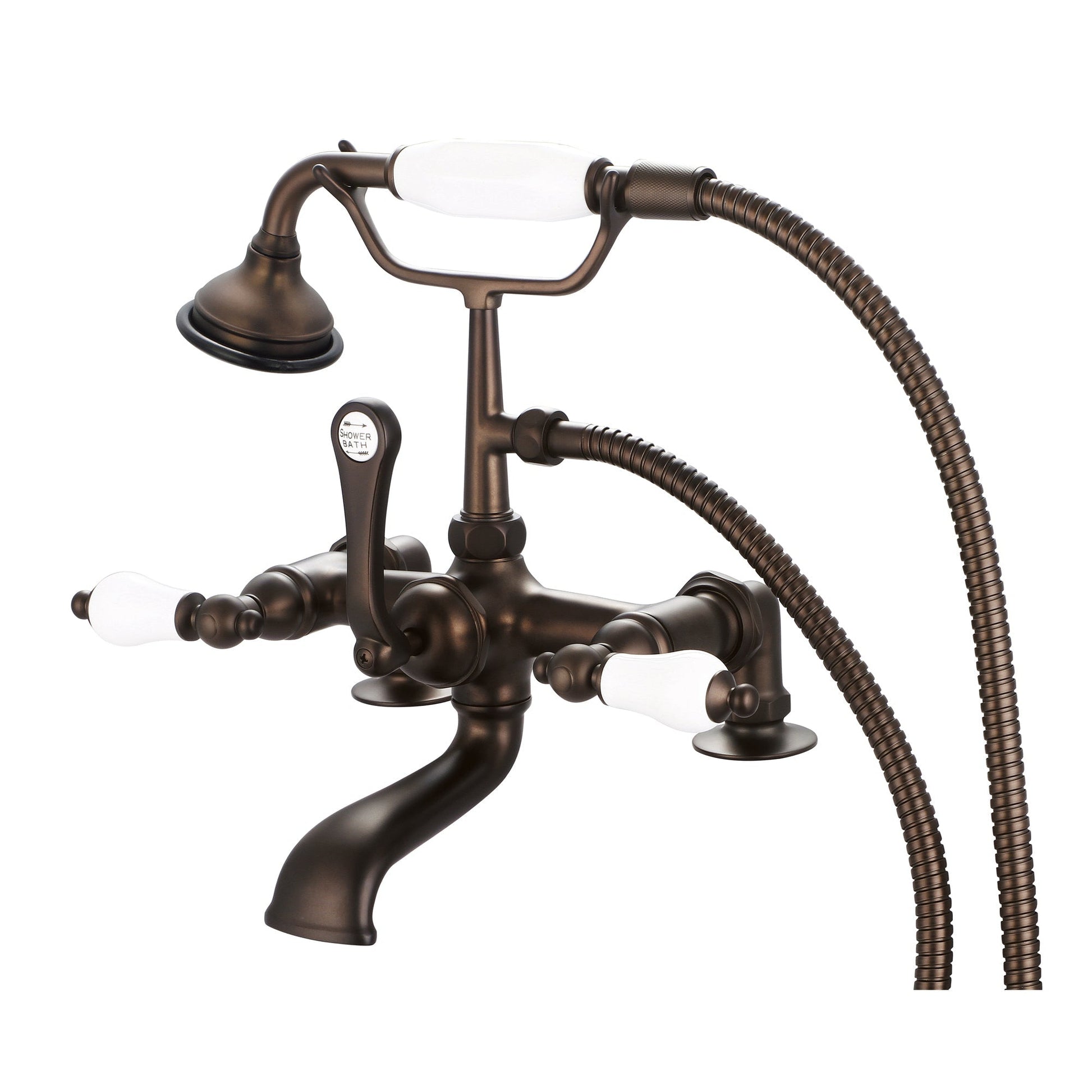 Water Creation Vintage Classic Spread Deck Mount Tub F6-0007 7" Brown Solid Brass Faucet With 2-Inch Risers And Handheld Shower And Porcelain Lever Handles Without Labels
