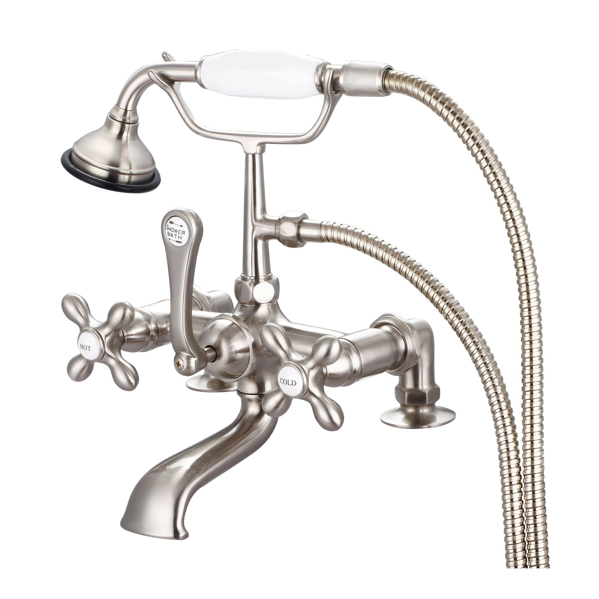 Water Creation Vintage Classic Spread Deck Mount Tub F6-0007 7" Grey Solid Brass Faucet With 2-Inch Risers And Handheld Shower And Metal Lever Handles, Hot And Cold Labels Included