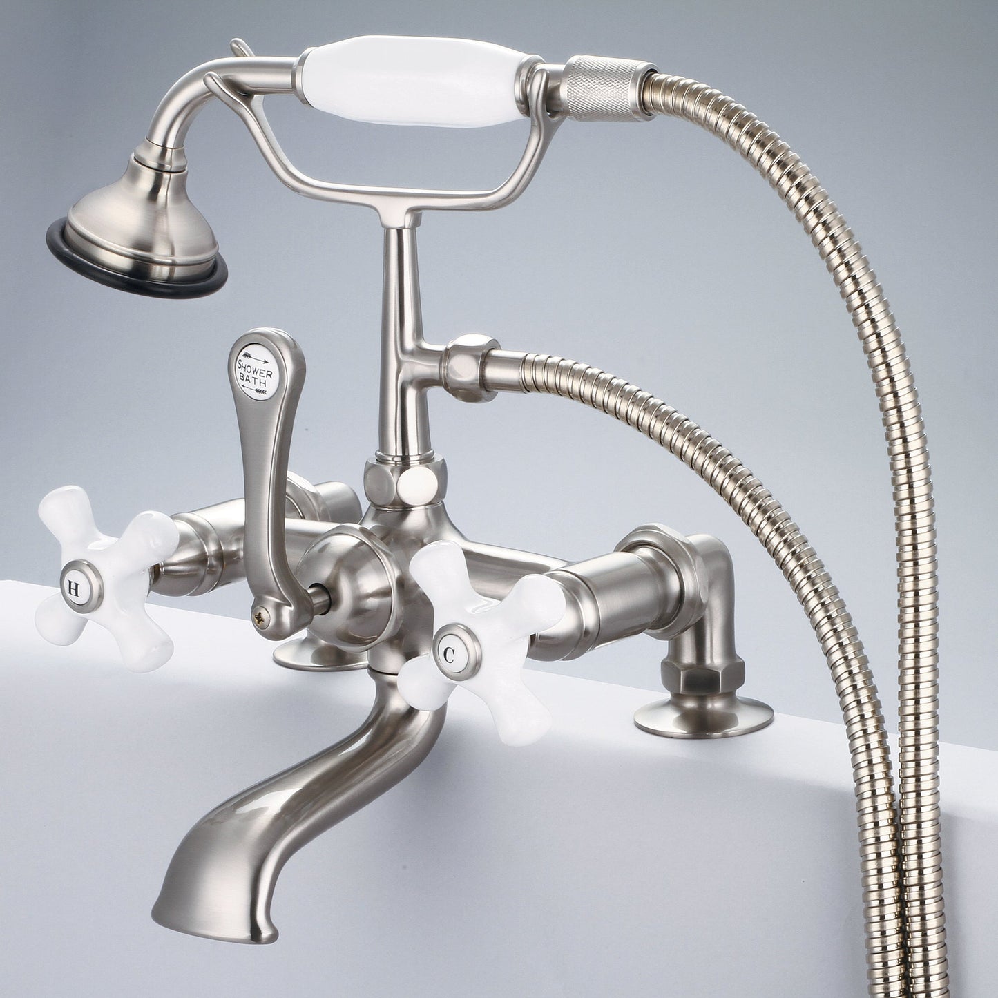 Water Creation Vintage Classic Spread Deck Mount Tub F6-0007 7" Grey Solid Brass Faucet With 2-Inch Risers And Handheld Shower And Porcelain Cross Handles, Hot And Cold Labels Included