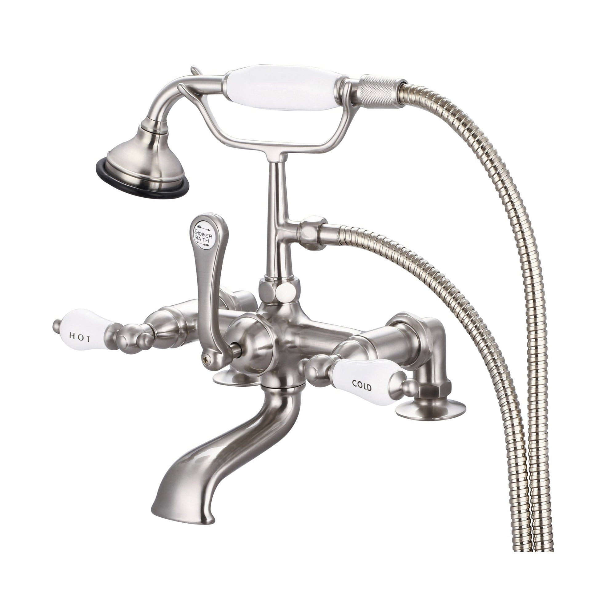 Water Creation Vintage Classic Spread Deck Mount Tub F6-0007 7" Grey Solid Brass Faucet With 2-Inch Risers And Handheld Shower And Porcelain Lever Handles, Hot And Cold Labels Included