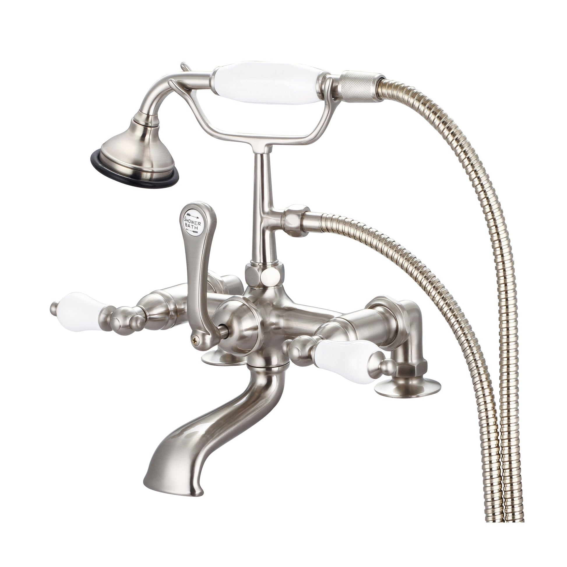 Water Creation Vintage Classic Spread Deck Mount Tub F6-0007 7" Grey Solid Brass Faucet With 2-Inch Risers And Handheld Shower And Porcelain Lever Handles Without Labels