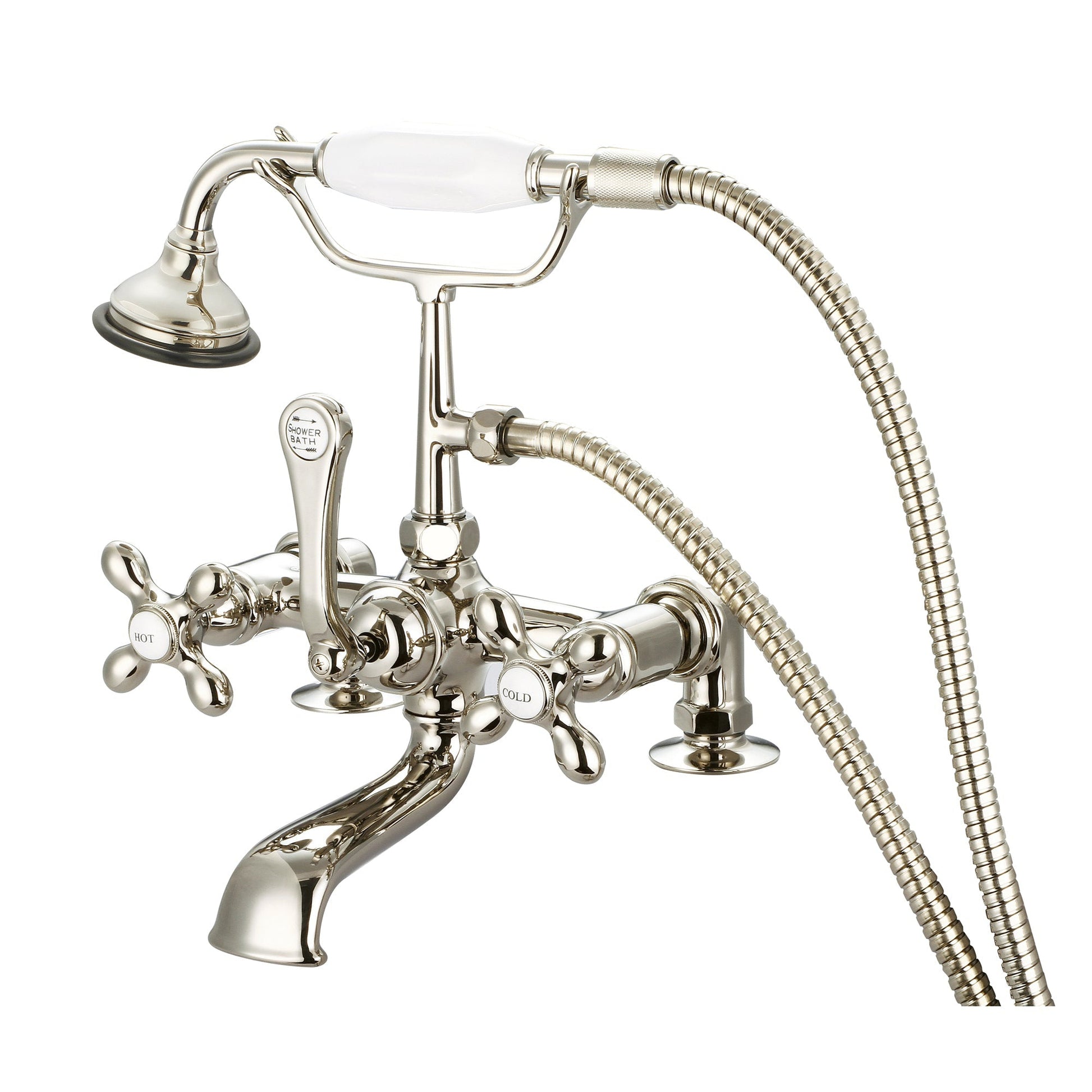 Water Creation Vintage Classic Spread Deck Mount Tub F6-0007 7" Ivory Solid Brass Faucet With 2-Inch Risers And Handheld Shower And Metal Lever Handles, Hot And Cold Labels Included