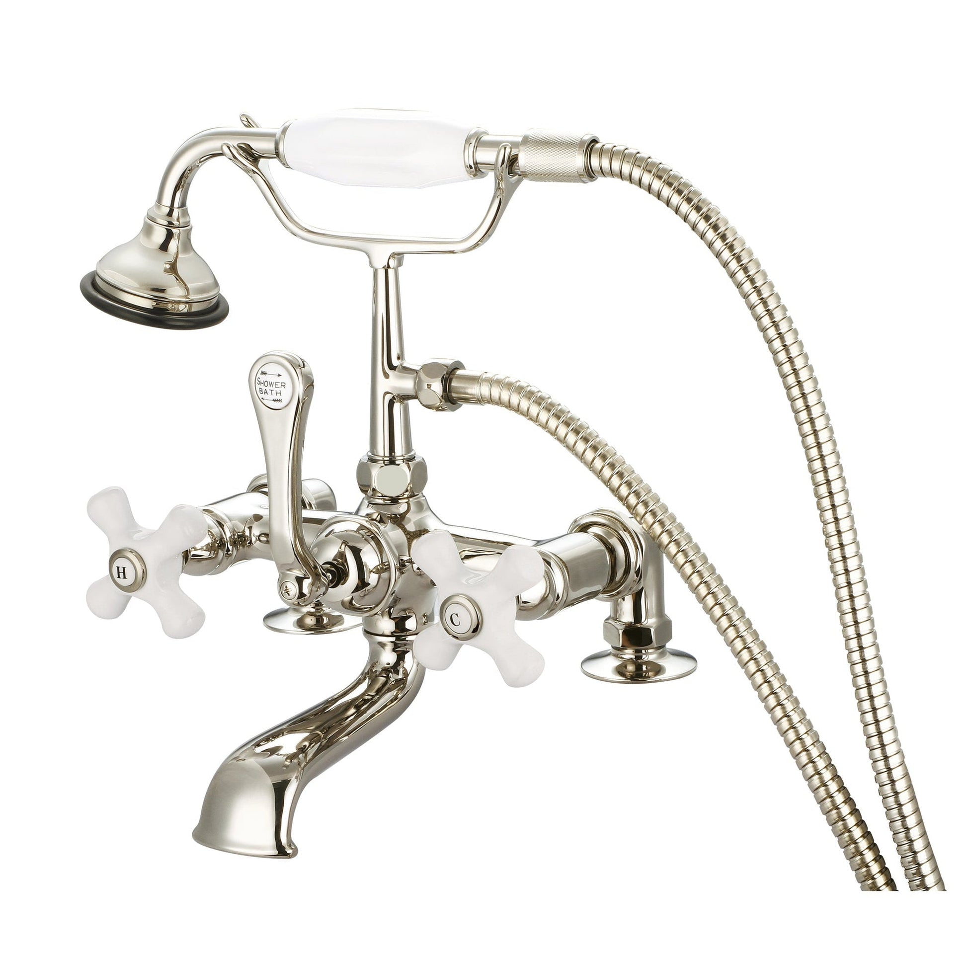 Water Creation Vintage Classic Spread Deck Mount Tub F6-0007 7" Ivory Solid Brass Faucet With 2-Inch Risers And Handheld Shower And Porcelain Cross Handles, Hot And Cold Labels Included
