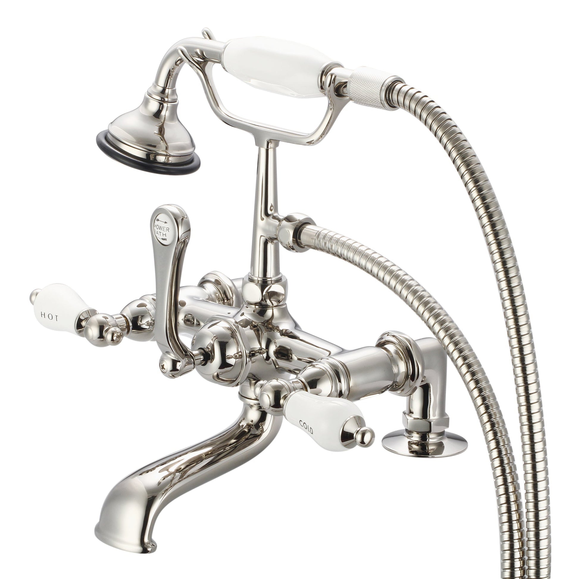 Water Creation Vintage Classic Spread Deck Mount Tub F6-0007 7" Ivory Solid Brass Faucet With 2-Inch Risers And Handheld Shower And Porcelain Lever Handles, Hot And Cold Labels Included