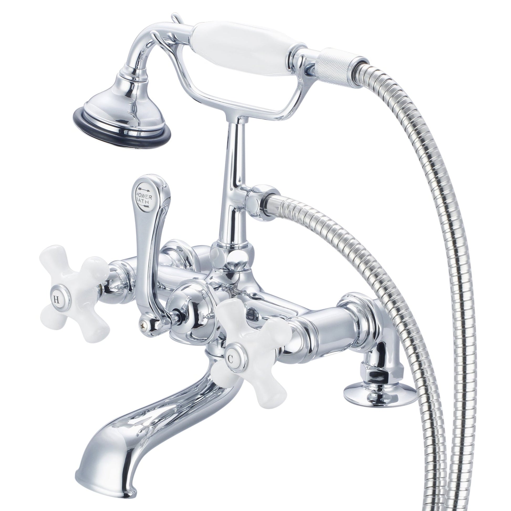 Water Creation Vintage Classic Spread Deck Mount Tub F6-0007 7" Silver Solid Brass Faucet With 2-Inch Risers And Handheld Shower And Porcelain Cross Handles, Hot And Cold Labels Included