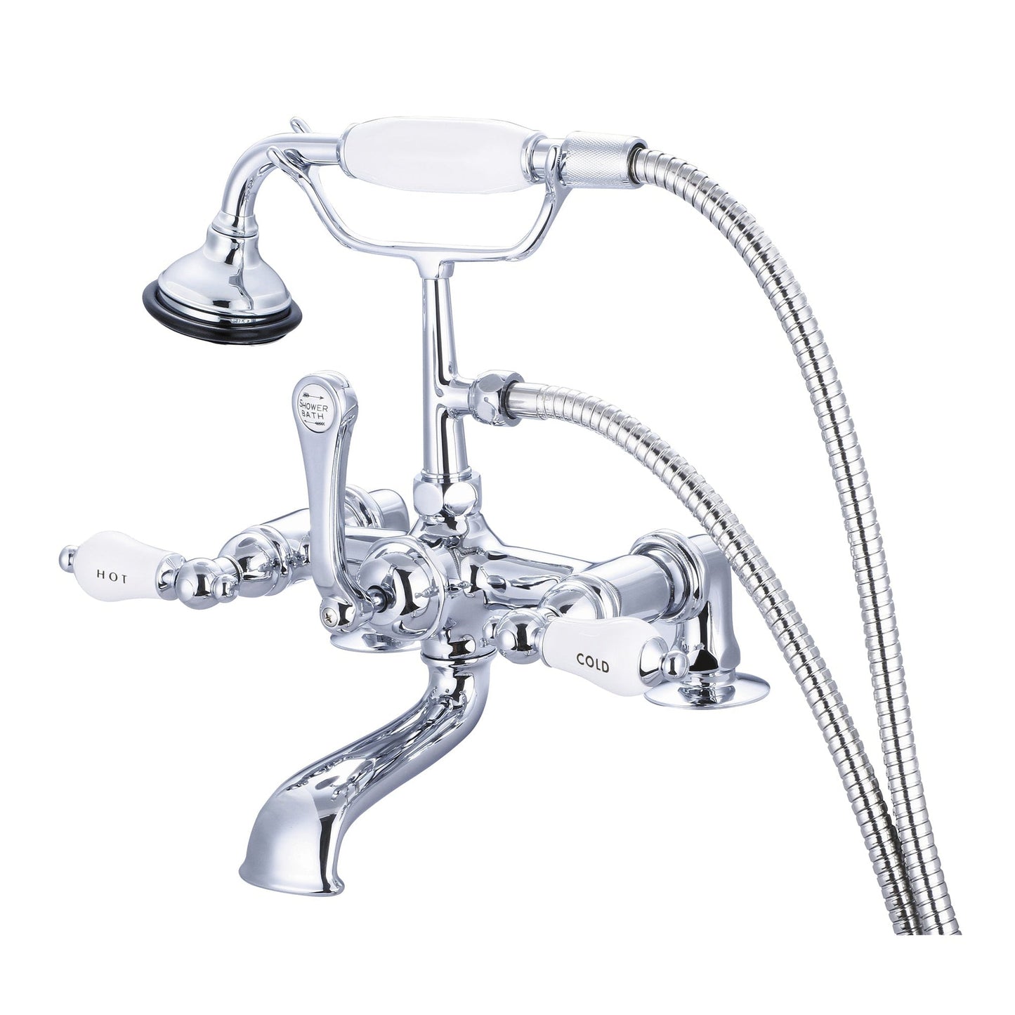Water Creation Vintage Classic Spread Deck Mount Tub F6-0007 7" Silver Solid Brass Faucet With 2-Inch Risers And Handheld Shower And Porcelain Lever Handles, Hot And Cold Labels Included