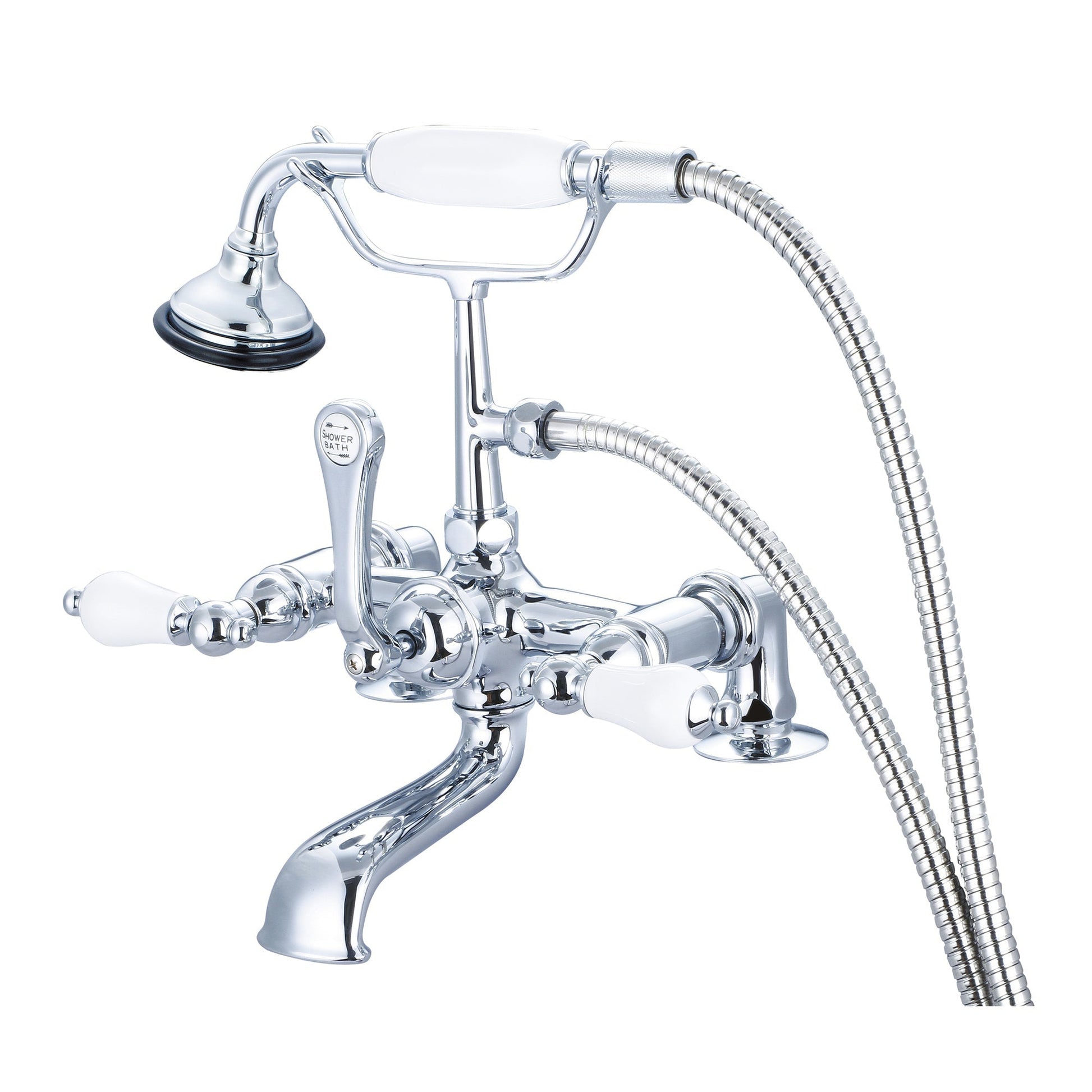 Water Creation Vintage Classic Spread Deck Mount Tub F6-0007 7" Silver Solid Brass Faucet With 2-Inch Risers And Handheld Shower And Porcelain Lever Handles Without Labels