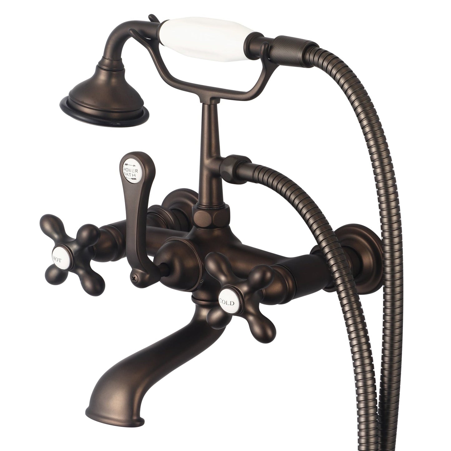 Water Creation Vintage Classic Spread Wall Mount Tub F6-0010 7" Brown Solid Brass Faucet With Straight Wall Connector And Handheld Shower And Metal Lever Handles, Hot And Cold Labels Included