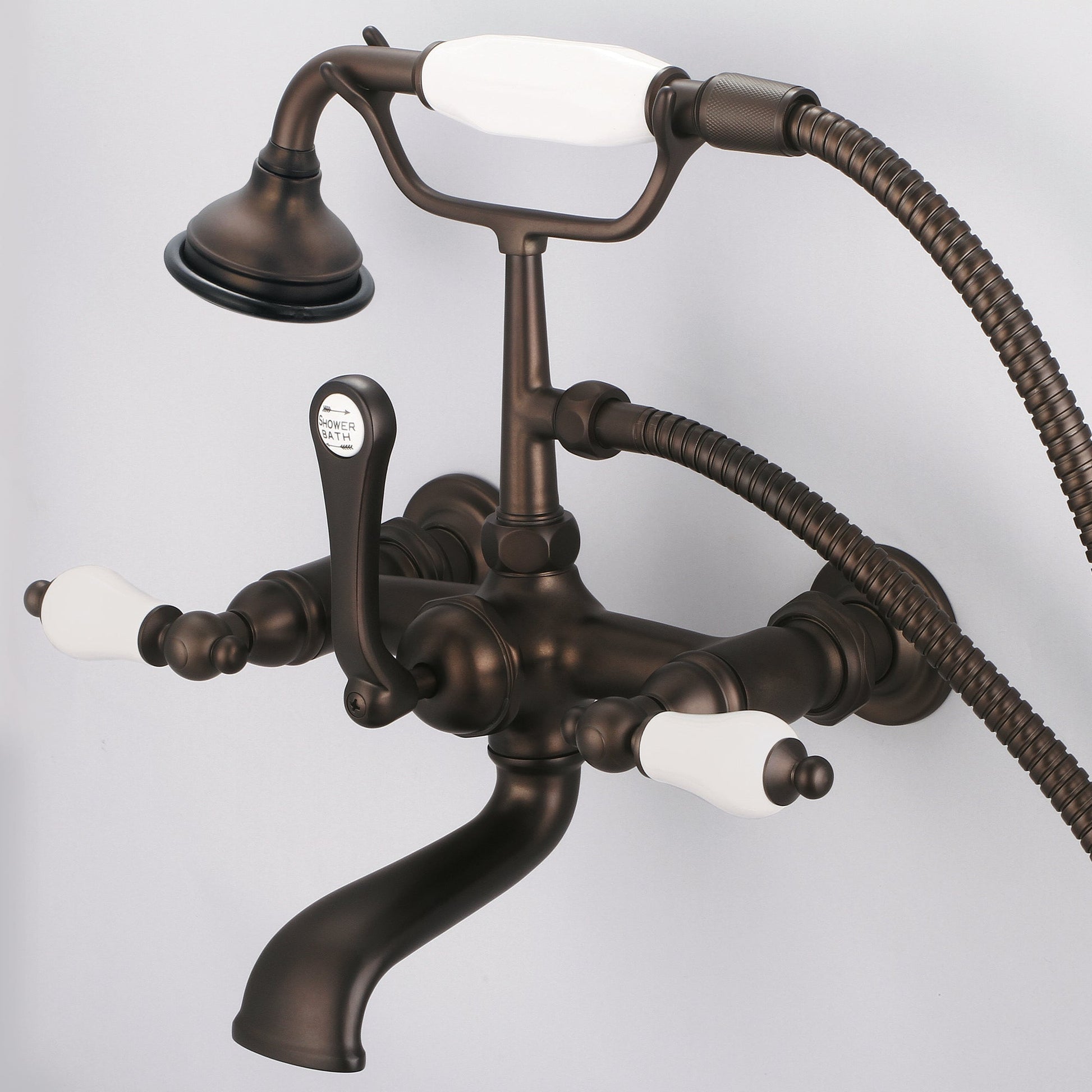 Water Creation Vintage Classic Spread Wall Mount Tub F6-0010 7" Brown Solid Brass Faucet With Straight Wall Connector And Handheld Shower And Porcelain Lever Handles Without Labels