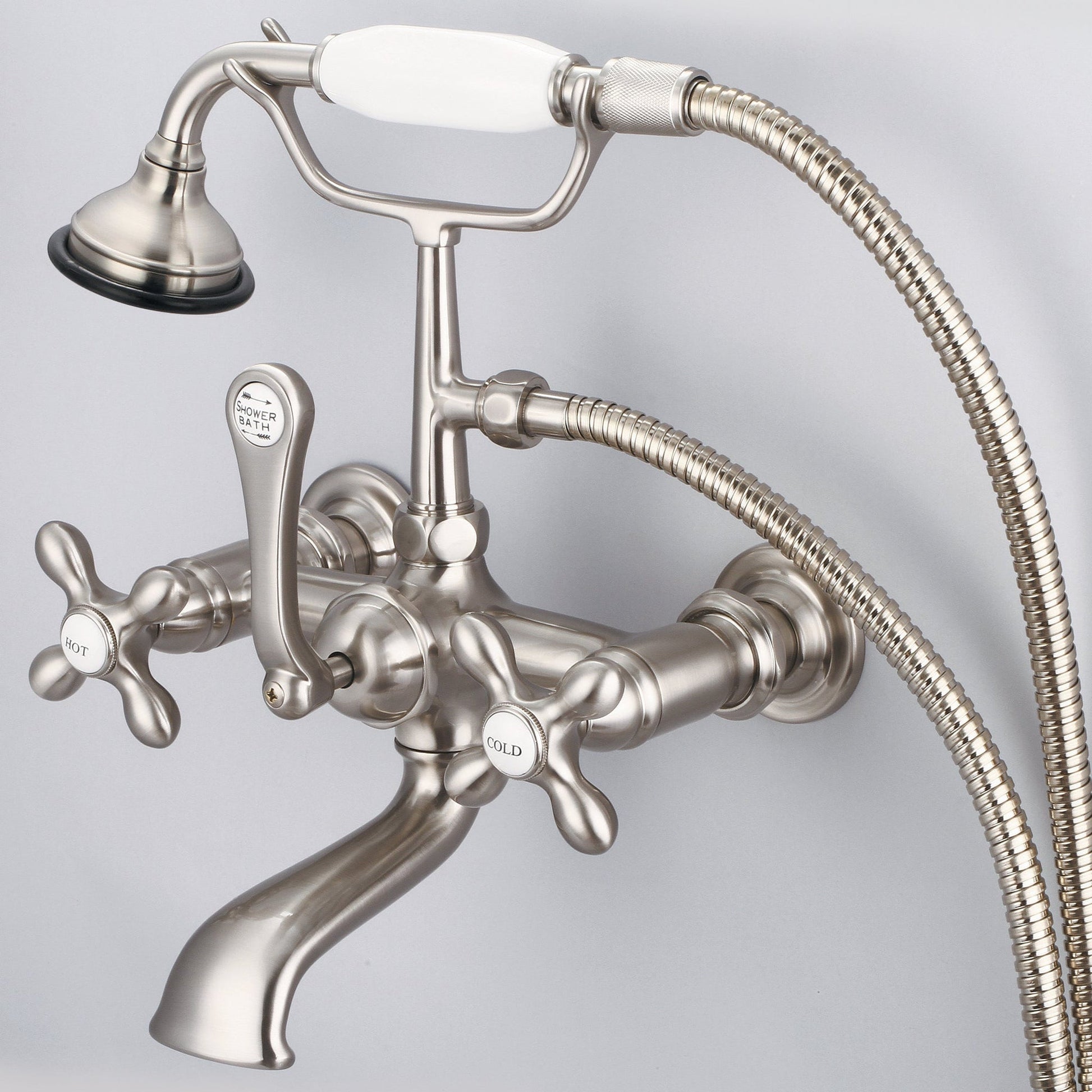 Water Creation Vintage Classic Spread Wall Mount Tub F6-0010 7" Grey Solid Brass Faucet With Straight Wall Connector And Handheld Shower And Metal Lever Handles, Hot And Cold Labels Included
