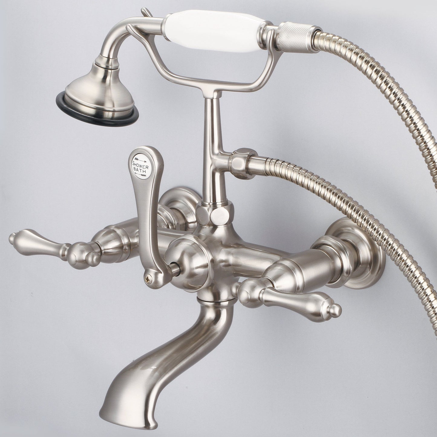Water Creation Vintage Classic Spread Wall Mount Tub F6-0010 7" Grey Solid Brass Faucet With Straight Wall Connector And Handheld Shower And Metal Lever Handles Without Labels