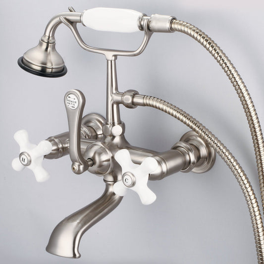 Water Creation Vintage Classic Spread Wall Mount Tub F6-0010 7" Grey Solid Brass Faucet With Straight Wall Connector And Handheld Shower And Porcelain Cross Handles, Hot And Cold Labels Included