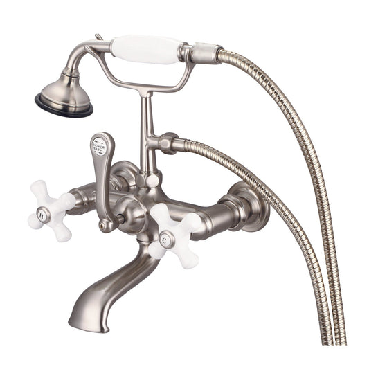 Water Creation Vintage Classic Spread Wall Mount Tub F6-0010 7" Grey Solid Brass Faucet With Straight Wall Connector And Handheld Shower And Porcelain Cross Handles, Hot And Cold Labels Included