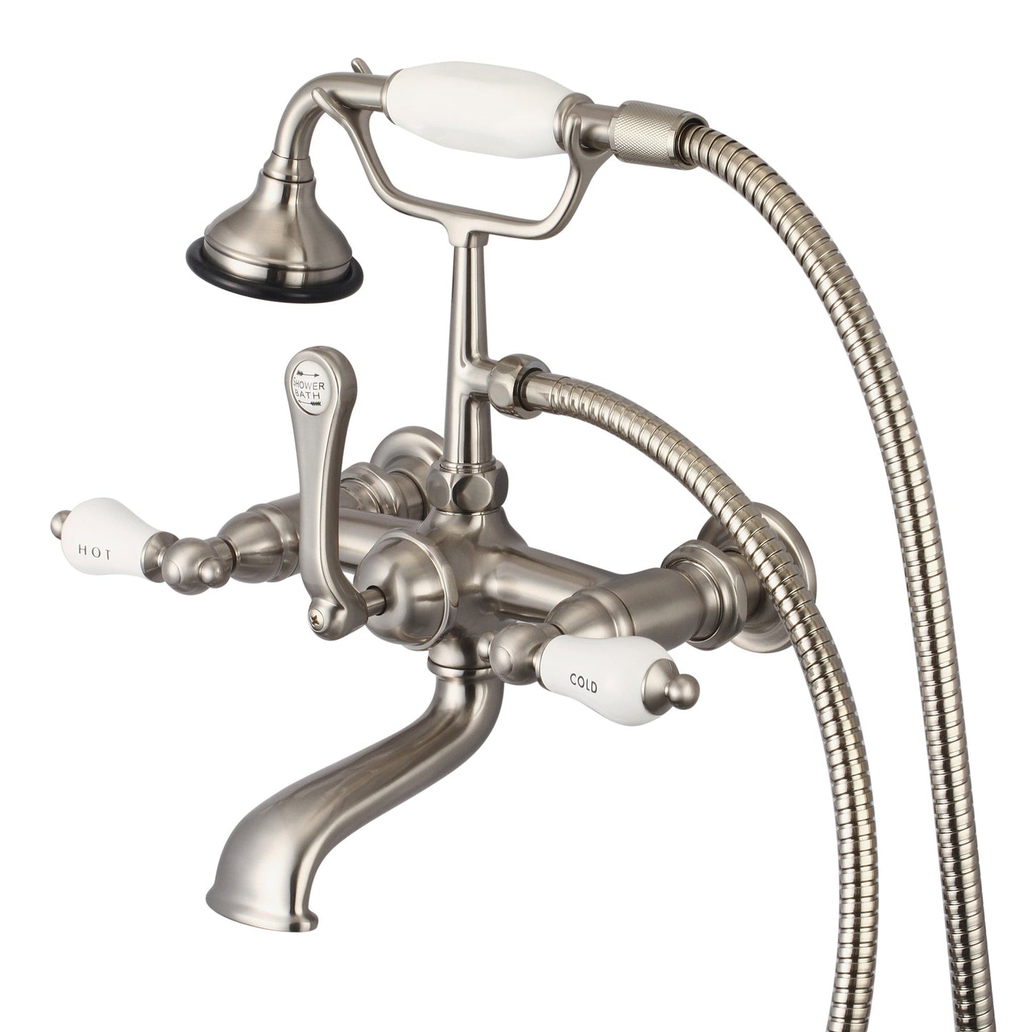 Water Creation Vintage Classic Spread Wall Mount Tub F6-0010 7" Grey Solid Brass Faucet With Straight Wall Connector And Handheld Shower And Porcelain Lever Handles, Hot And Cold Labels Included