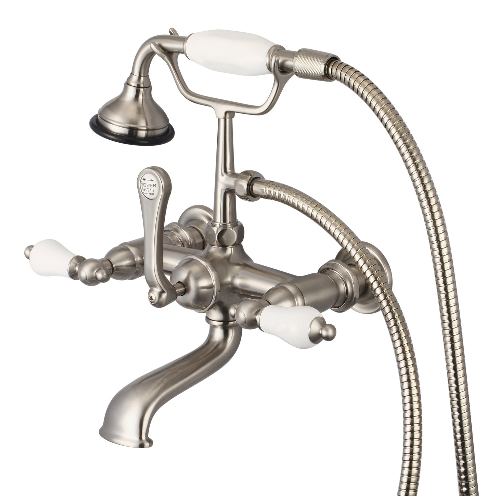 Water Creation Vintage Classic Spread Wall Mount Tub F6-0010 7" Grey Solid Brass Faucet With Straight Wall Connector And Handheld Shower And Porcelain Lever Handles Without Labels