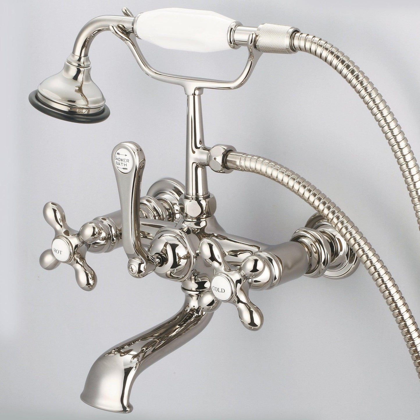 Water Creation Vintage Classic Spread Wall Mount Tub F6-0010 7" Ivory Solid Brass Faucet With Straight Wall Connector And Handheld Shower And Metal Lever Handles, Hot And Cold Labels Included