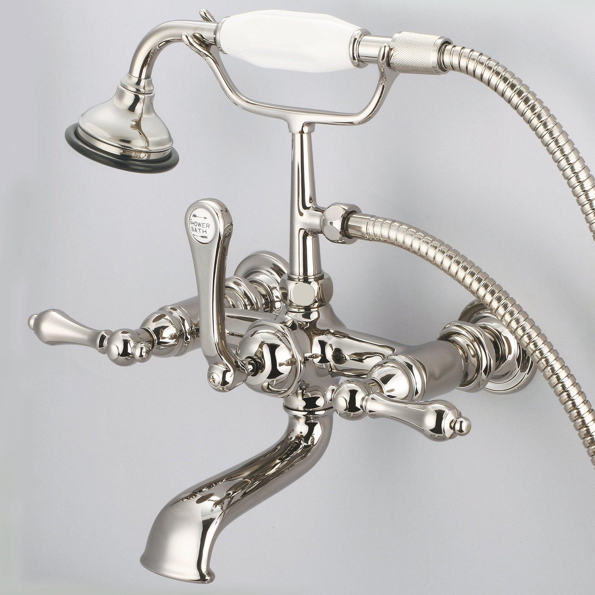 Water Creation Vintage Classic Spread Wall Mount Tub F6-0010 7" Ivory Solid Brass Faucet With Straight Wall Connector And Handheld Shower And Metal Lever Handles Without Labels