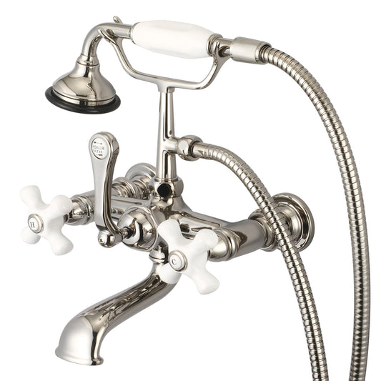 Water Creation Vintage Classic Spread Wall Mount Tub F6-0010 7" Ivory Solid Brass Faucet With Straight Wall Connector And Handheld Shower And Porcelain Cross Handles, Hot And Cold Labels Included